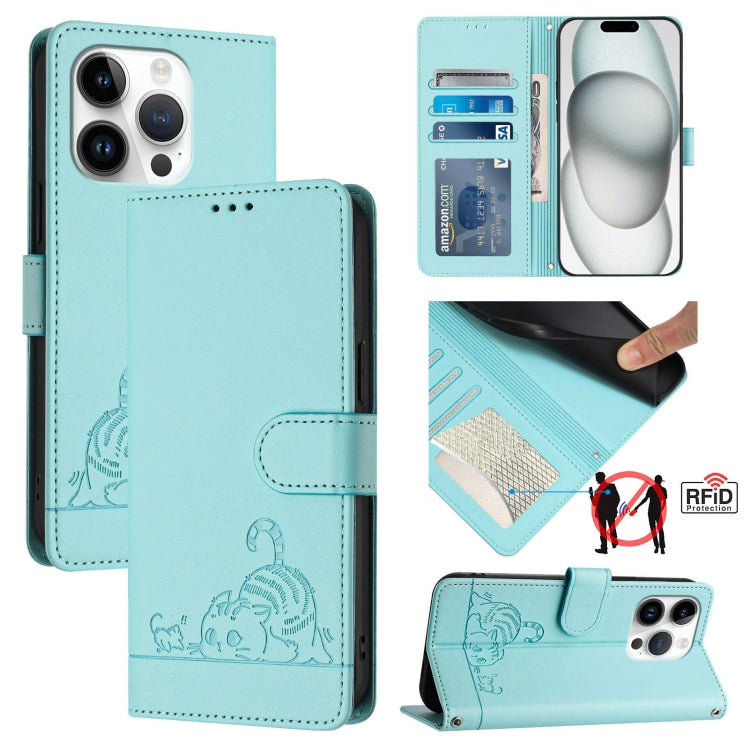 Cat Rat Embossed Pattern RFID Leather Phone Case with Lanyard, For iPhone SE 2024, For iPhone 15 Pro Max, For iPhone 15 Pro, For iPhone 15 Plus