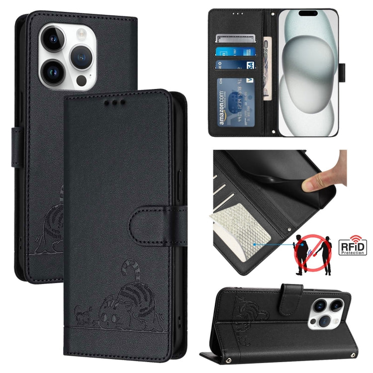 Cat Rat Embossed Pattern RFID Leather Phone Case with Lanyard, For iPhone SE 2024, For iPhone 15 Pro Max, For iPhone 15 Pro, For iPhone 15 Plus