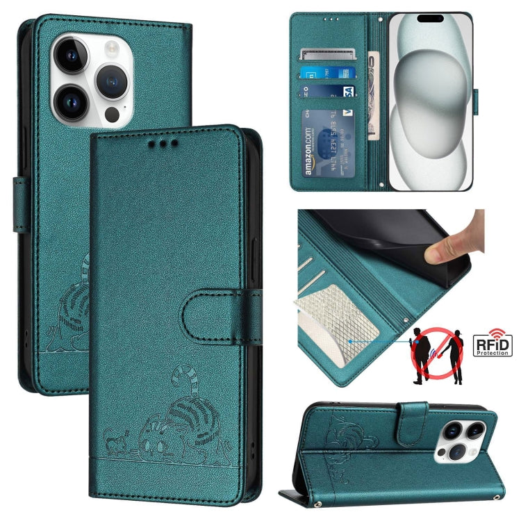 Cat Rat Embossed Pattern RFID Leather Phone Case with Lanyard, For iPhone SE 2024, For iPhone 15 Pro Max, For iPhone 15 Pro, For iPhone 15 Plus