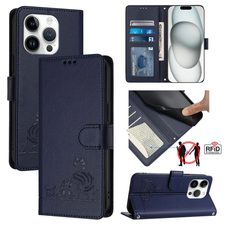 Cat Rat Embossed Pattern RFID Leather Phone Case with Lanyard, For iPhone SE 2024, For iPhone 15 Pro Max, For iPhone 15 Pro, For iPhone 15 Plus