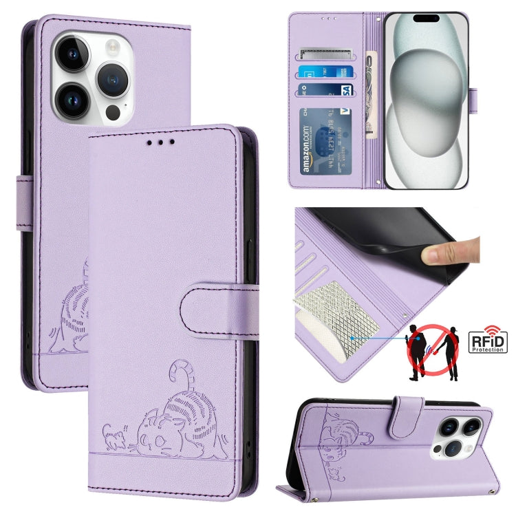 Cat Rat Embossed Pattern RFID Leather Phone Case with Lanyard, For iPhone SE 2024, For iPhone 15 Pro Max, For iPhone 15 Pro, For iPhone 15 Plus