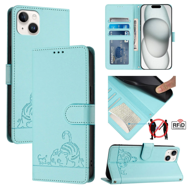 Cat Rat Embossed Pattern RFID Leather Phone Case with Lanyard, For iPhone SE 2024, For iPhone 15 Pro Max, For iPhone 15 Pro, For iPhone 15 Plus