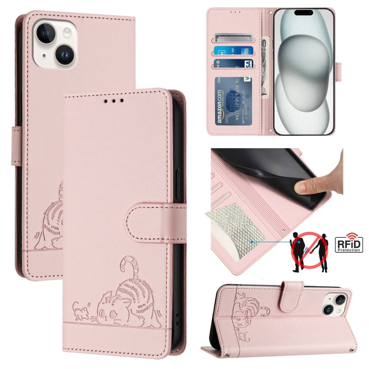 Cat Rat Embossed Pattern RFID Leather Phone Case with Lanyard, For iPhone SE 2024, For iPhone 15 Pro Max, For iPhone 15 Pro, For iPhone 15 Plus