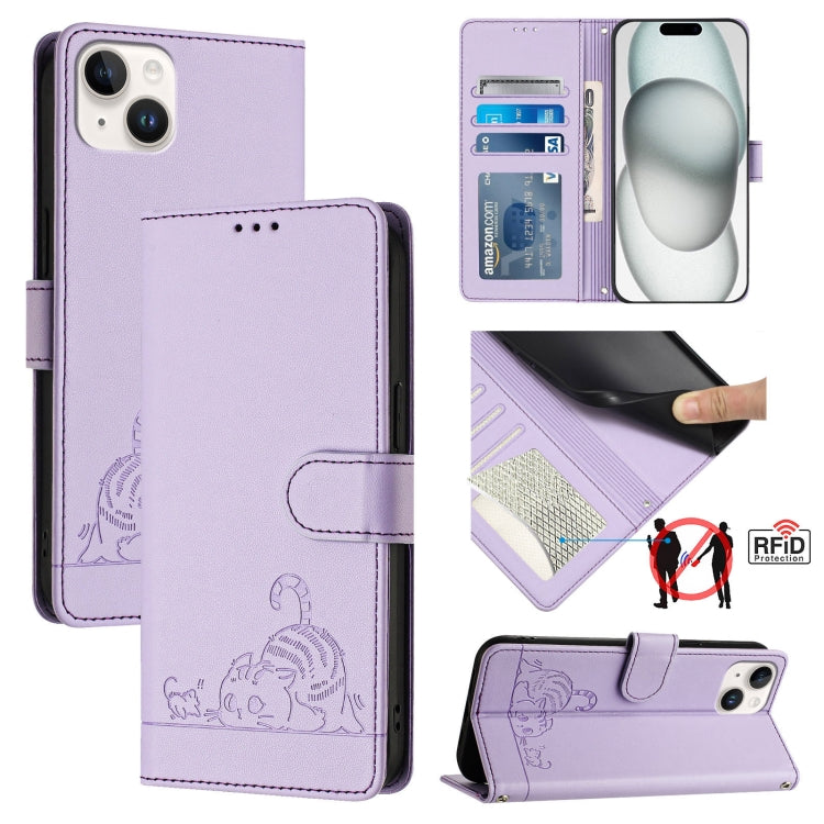 Cat Rat Embossed Pattern RFID Leather Phone Case with Lanyard, For iPhone SE 2024, For iPhone 15 Pro Max, For iPhone 15 Pro, For iPhone 15 Plus