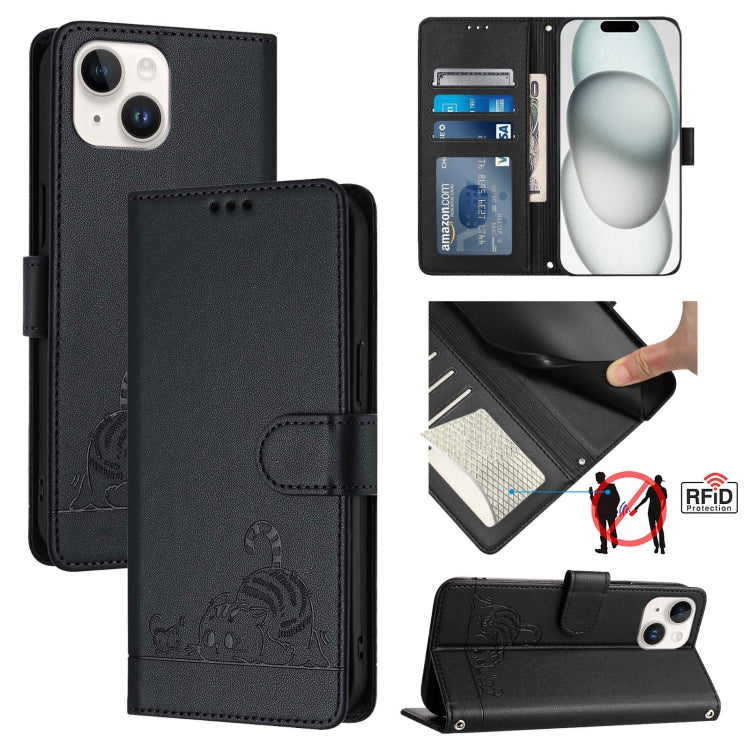 Cat Rat Embossed Pattern RFID Leather Phone Case with Lanyard, For iPhone 15, For iPhone 14 Plus, For iPhone 14/13, For iPhone 14 Pro