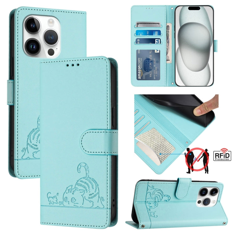 Cat Rat Embossed Pattern RFID Leather Phone Case with Lanyard, For iPhone 15, For iPhone 14 Plus, For iPhone 14/13, For iPhone 14 Pro