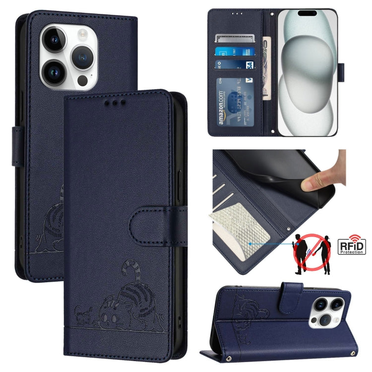 Cat Rat Embossed Pattern RFID Leather Phone Case with Lanyard, For iPhone 15, For iPhone 14 Plus, For iPhone 14/13, For iPhone 14 Pro