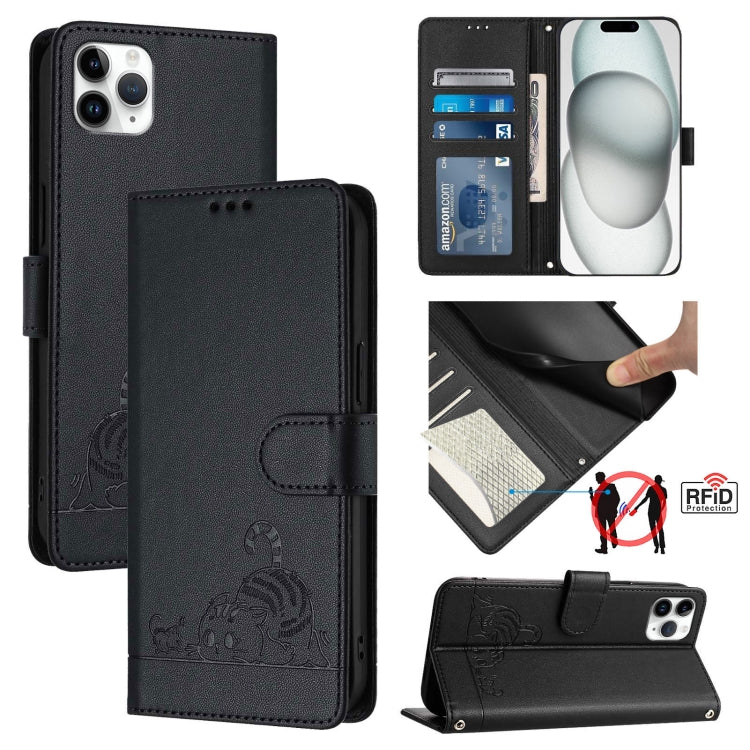 Cat Rat Embossed Pattern RFID Leather Phone Case with Lanyard, For iPhone 11 Pro Max, For iPhone 11, For iPhone 11 Pro, For iPhone XS / X