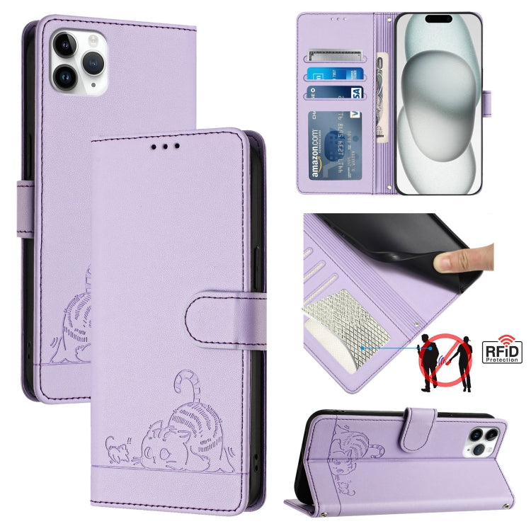 Cat Rat Embossed Pattern RFID Leather Phone Case with Lanyard, For iPhone 11 Pro Max, For iPhone 11, For iPhone 11 Pro, For iPhone XS / X