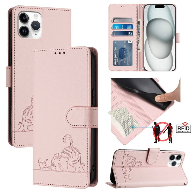 Cat Rat Embossed Pattern RFID Leather Phone Case with Lanyard, For iPhone 11 Pro Max, For iPhone 11, For iPhone 11 Pro, For iPhone XS / X