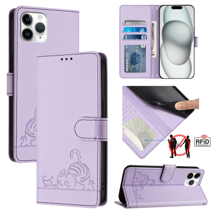 Cat Rat Embossed Pattern RFID Leather Phone Case with Lanyard, For iPhone 11 Pro Max, For iPhone 11, For iPhone 11 Pro, For iPhone XS / X