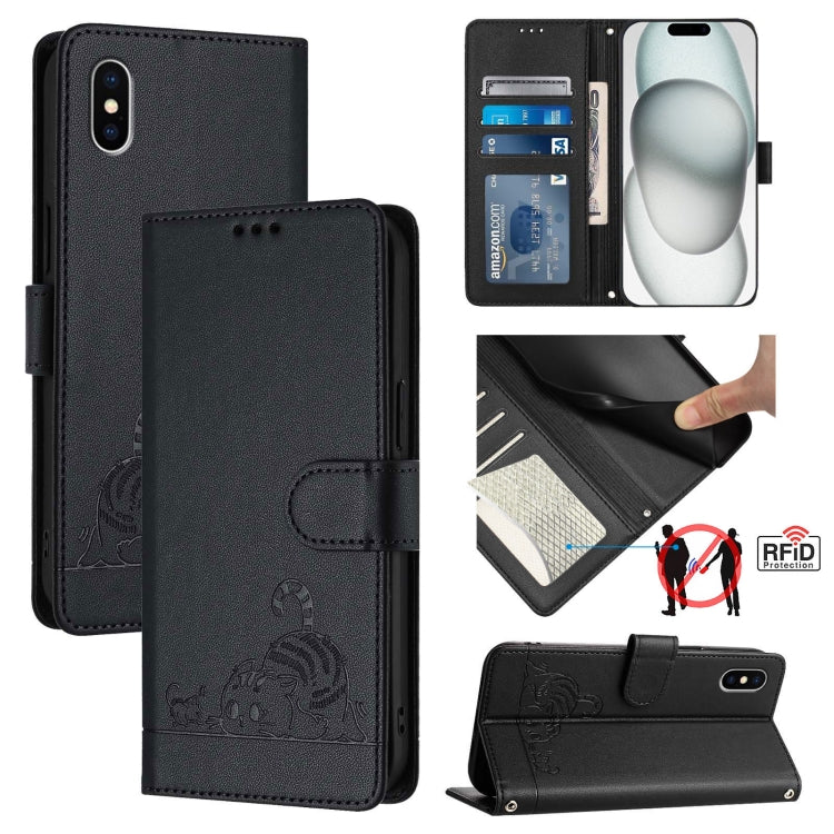 Cat Rat Embossed Pattern RFID Leather Phone Case with Lanyard, For iPhone 11 Pro Max, For iPhone 11, For iPhone 11 Pro, For iPhone XS / X