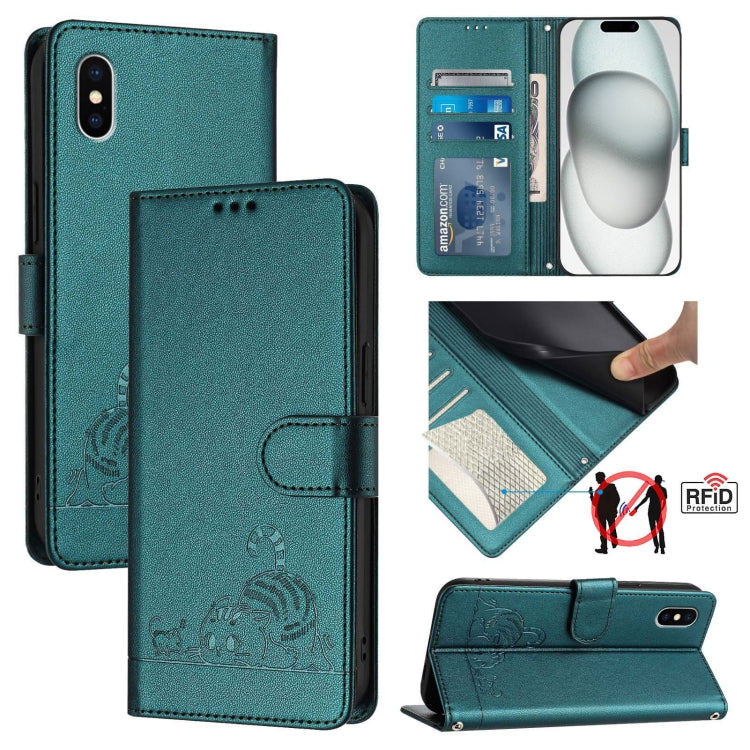 Cat Rat Embossed Pattern RFID Leather Phone Case with Lanyard, For iPhone 11 Pro Max, For iPhone 11, For iPhone 11 Pro, For iPhone XS / X