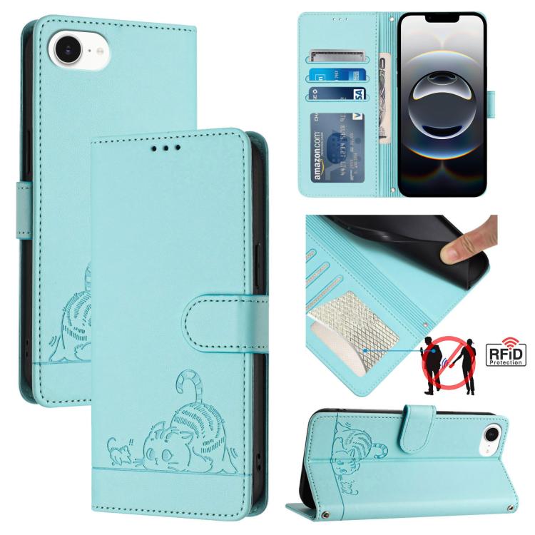 Cat Rat Embossed Pattern RFID Leather Phone Case with Lanyard, For iPhone SE 2024, For iPhone 15 Pro Max, For iPhone 15 Pro, For iPhone 15 Plus