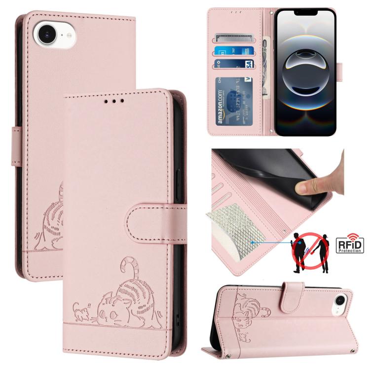Cat Rat Embossed Pattern RFID Leather Phone Case with Lanyard, For iPhone SE 2024, For iPhone 15 Pro Max, For iPhone 15 Pro, For iPhone 15 Plus