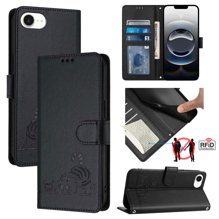 Cat Rat Embossed Pattern RFID Leather Phone Case with Lanyard, For iPhone SE 2024, For iPhone 15 Pro Max, For iPhone 15 Pro, For iPhone 15 Plus