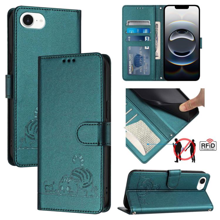 Cat Rat Embossed Pattern RFID Leather Phone Case with Lanyard, For iPhone SE 2024, For iPhone 15 Pro Max, For iPhone 15 Pro, For iPhone 15 Plus