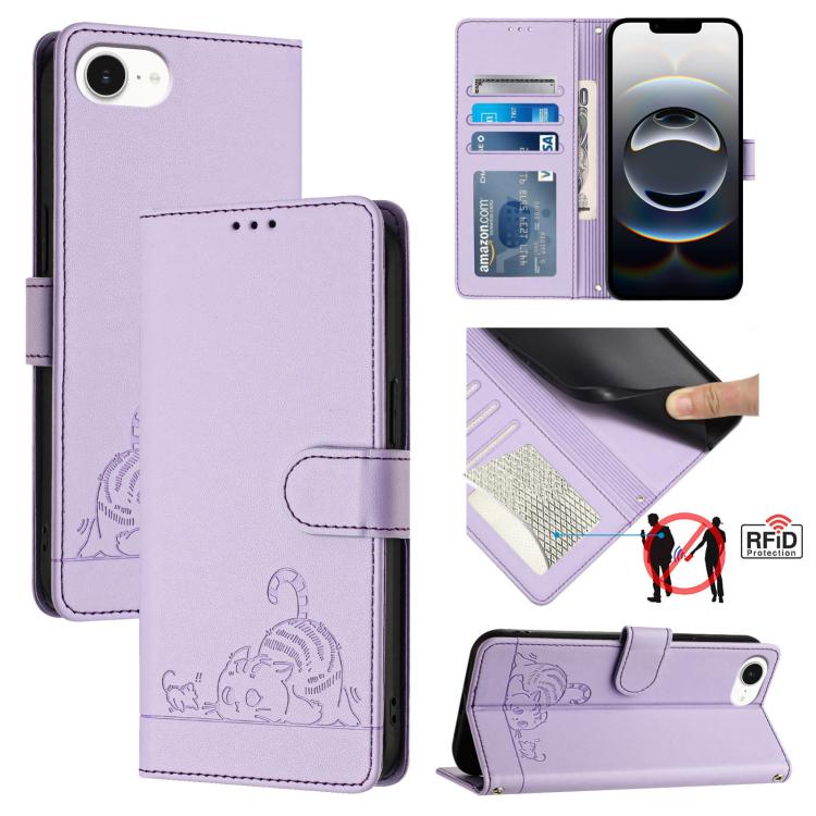 Cat Rat Embossed Pattern RFID Leather Phone Case with Lanyard, For iPhone SE 2024, For iPhone 15 Pro Max, For iPhone 15 Pro, For iPhone 15 Plus