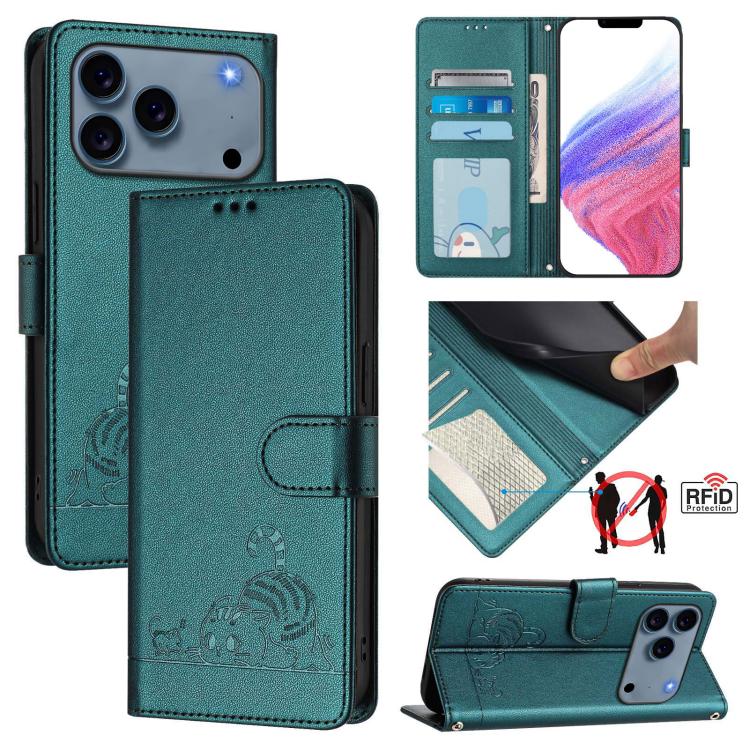 Cat Rat Embossed Pattern RFID Leather Phone Case with Lanyard, For iPhone 17 Pro Max, For iPhone 17 Pro, For iPhone 17, For iPhone Air