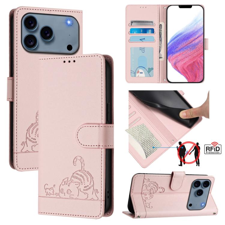Cat Rat Embossed Pattern RFID Leather Phone Case with Lanyard, For iPhone 17 Pro Max, For iPhone 17 Pro, For iPhone 17, For iPhone Air