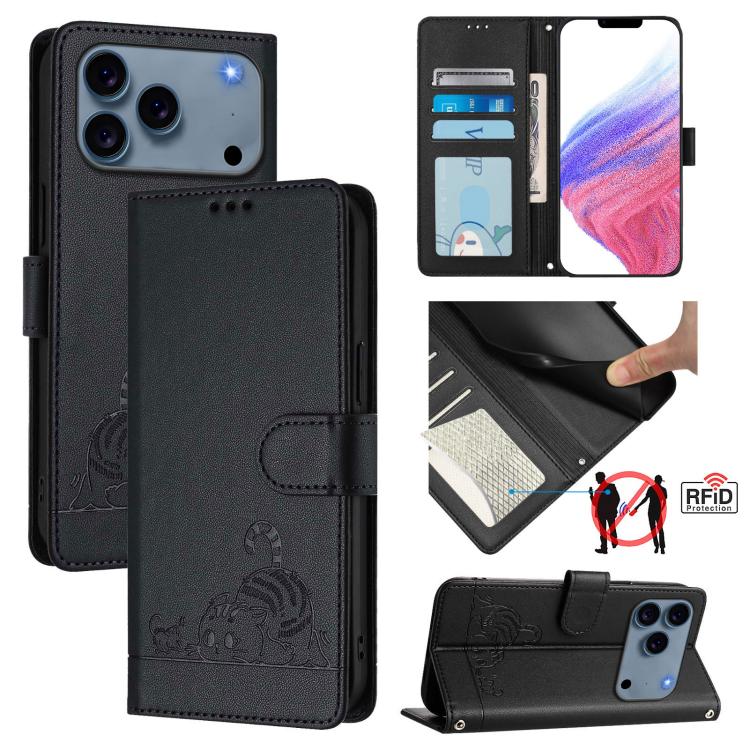 Cat Rat Embossed Pattern RFID Leather Phone Case with Lanyard, For iPhone 17 Pro Max, For iPhone 17 Pro, For iPhone 17, For iPhone Air