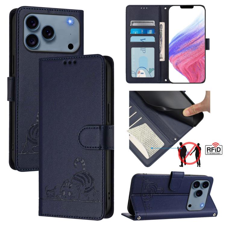 Cat Rat Embossed Pattern RFID Leather Phone Case with Lanyard, For iPhone 17 Pro Max, For iPhone 17 Pro, For iPhone 17, For iPhone Air