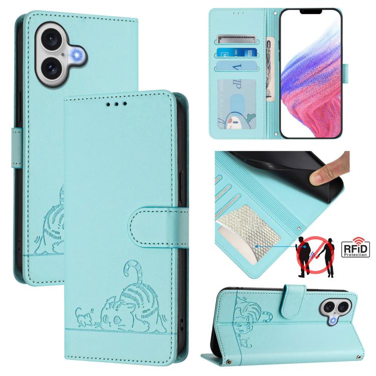 Cat Rat Embossed Pattern RFID Leather Phone Case with Lanyard, For iPhone 17 Pro Max, For iPhone 17 Pro, For iPhone 17, For iPhone Air