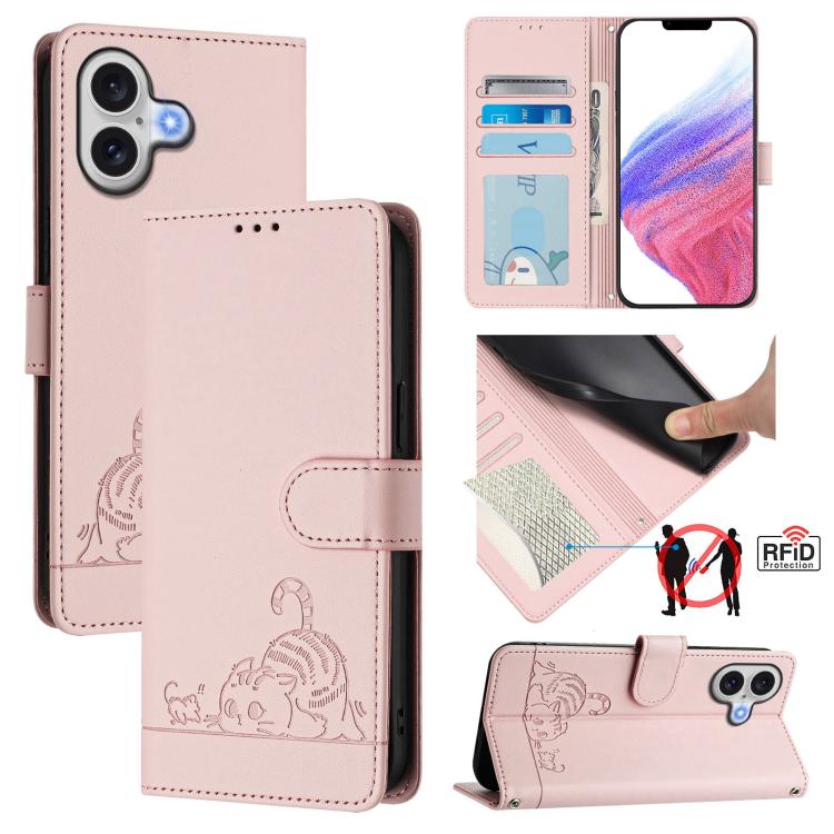 Cat Rat Embossed Pattern RFID Leather Phone Case with Lanyard, For iPhone 17 Pro Max, For iPhone 17 Pro, For iPhone 17, For iPhone Air