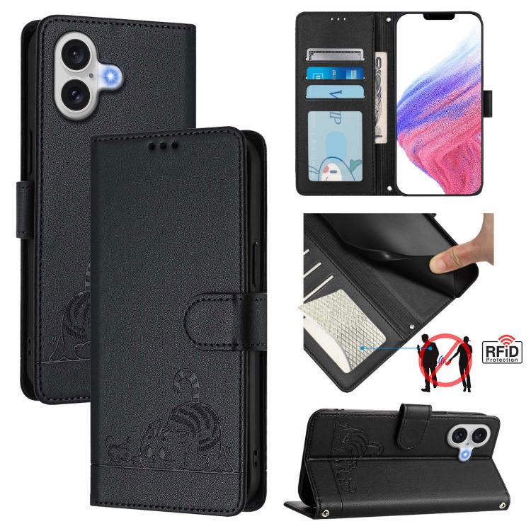 Cat Rat Embossed Pattern RFID Leather Phone Case with Lanyard, For iPhone 17 Pro Max, For iPhone 17 Pro, For iPhone 17, For iPhone Air