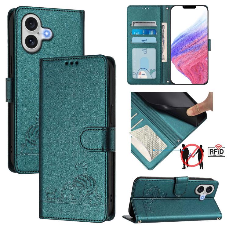 Cat Rat Embossed Pattern RFID Leather Phone Case with Lanyard, For iPhone 17 Pro Max, For iPhone 17 Pro, For iPhone 17, For iPhone Air