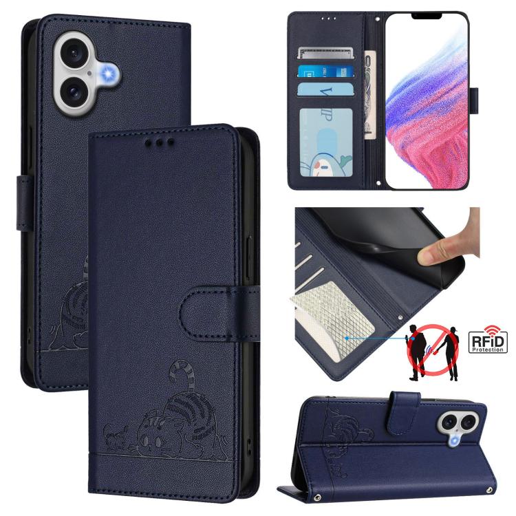 Cat Rat Embossed Pattern RFID Leather Phone Case with Lanyard, For iPhone 17 Pro Max, For iPhone 17 Pro, For iPhone 17, For iPhone Air