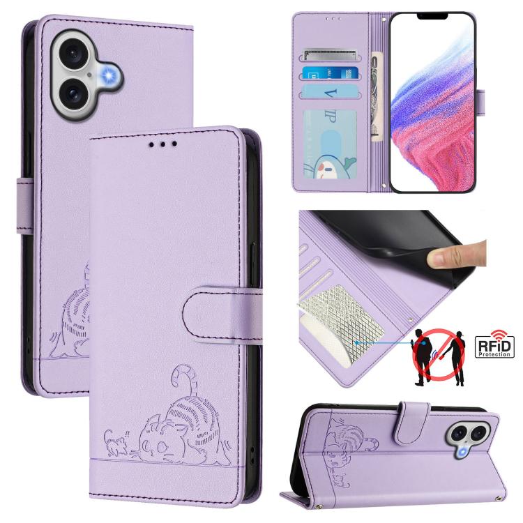 Cat Rat Embossed Pattern RFID Leather Phone Case with Lanyard, For iPhone 17 Pro Max, For iPhone 17 Pro, For iPhone 17, For iPhone Air