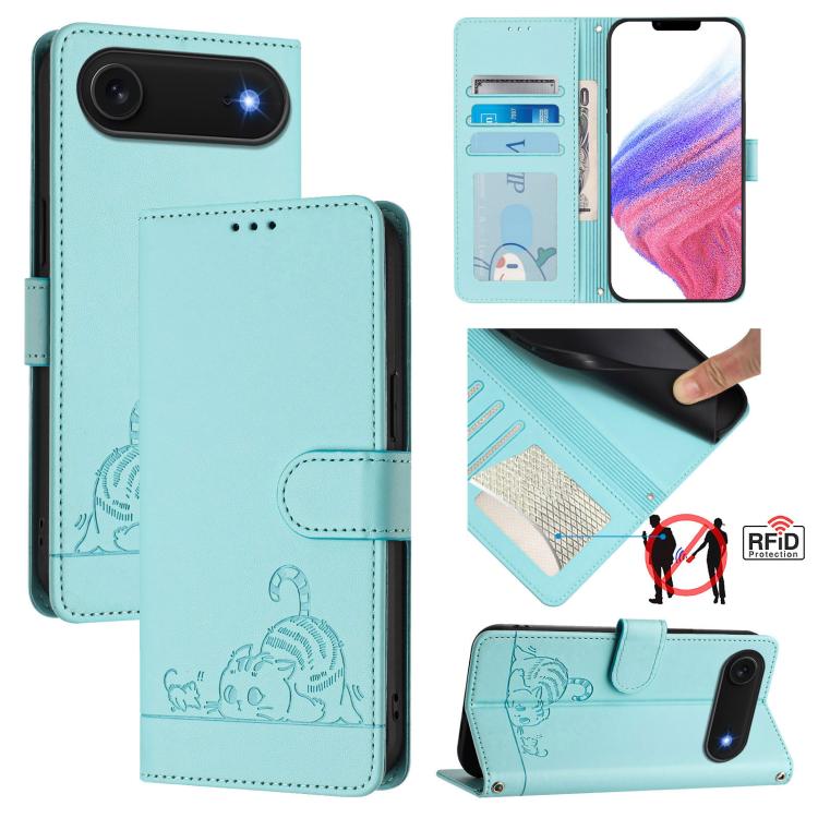 Cat Rat Embossed Pattern RFID Leather Phone Case with Lanyard, For iPhone 17 Pro Max, For iPhone 17 Pro, For iPhone 17, For iPhone Air