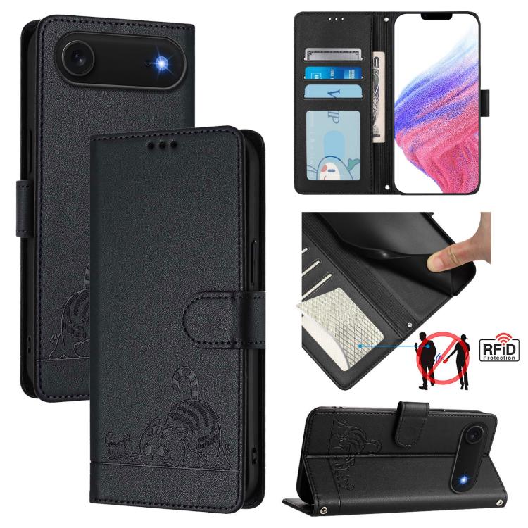 Cat Rat Embossed Pattern RFID Leather Phone Case with Lanyard, For iPhone 17 Pro Max, For iPhone 17 Pro, For iPhone 17, For iPhone Air