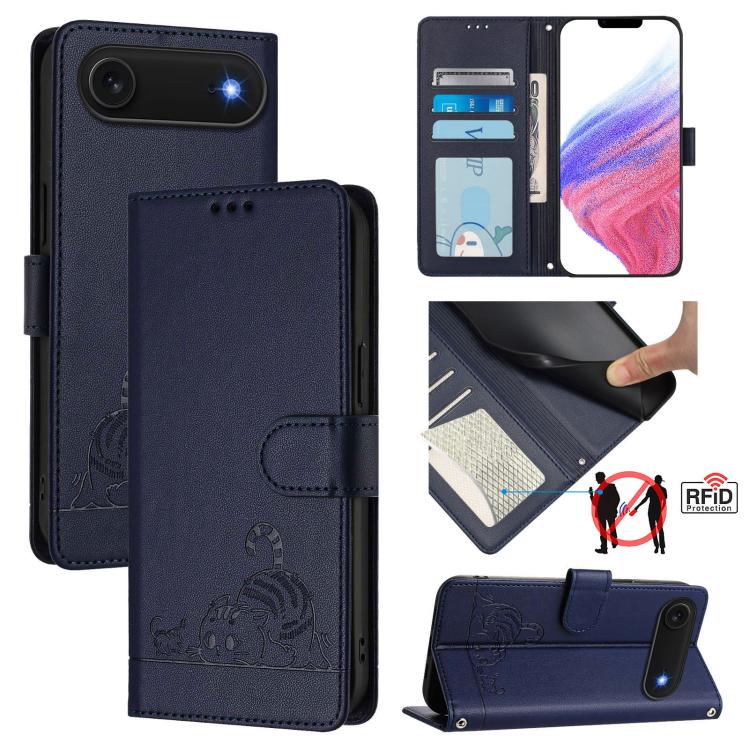 Cat Rat Embossed Pattern RFID Leather Phone Case with Lanyard, For iPhone 17 Pro Max, For iPhone 17 Pro, For iPhone 17, For iPhone Air