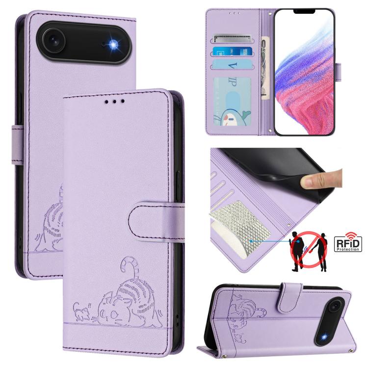 Cat Rat Embossed Pattern RFID Leather Phone Case with Lanyard, For iPhone 17 Pro Max, For iPhone 17 Pro, For iPhone 17, For iPhone Air