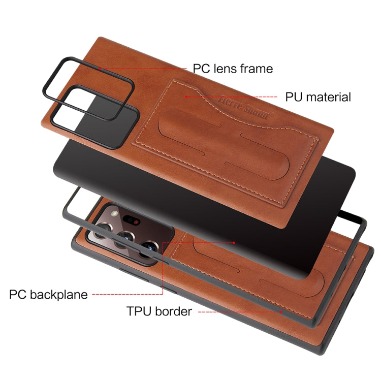 Fierre Shann Full Coverage Protective Leather Case with Holder & Card Slot, For Galaxy Note20 Ultra