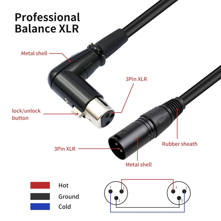 XK041L XLR 3pin Straight Male to Elbow Female Audio Cable, 0.3m, 1m, 2m, 3m, 5m, 10m