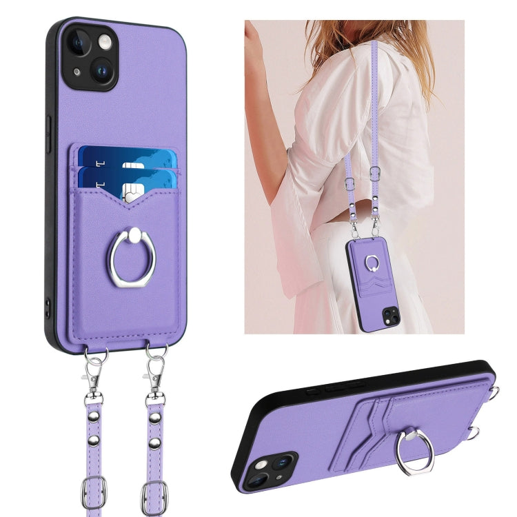 R20 Crossbody Rope Ring Card Holder Phone Case, For iPhone 14 Plus, For iPhone 14, For iPhone 14 Pro, For iPhone 14 Pro Max