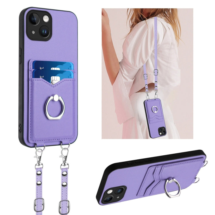 R20 Crossbody Rope Ring Card Holder Phone Case, For iPhone 14 Plus, For iPhone 14, For iPhone 14 Pro, For iPhone 14 Pro Max