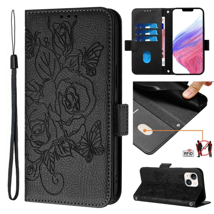 Embossed Rose RFID Anti-theft Leather Phone Case, For iPhone 15, For iPhone 14 Plus, For iPhone 14 / 13, For iPhone 14 Pro