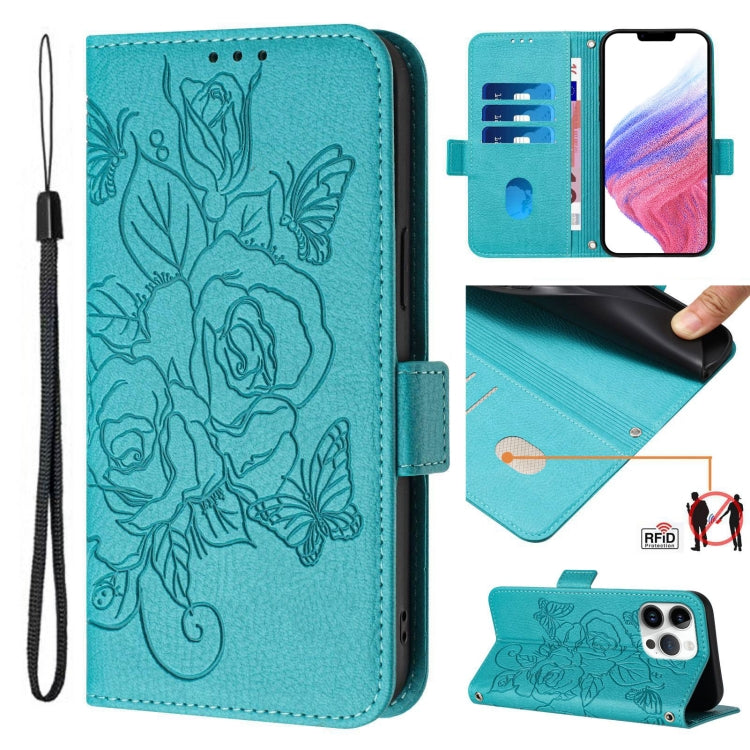 Embossed Rose RFID Anti-theft Leather Phone Case, For iPhone 15, For iPhone 14 Plus, For iPhone 14 / 13, For iPhone 14 Pro