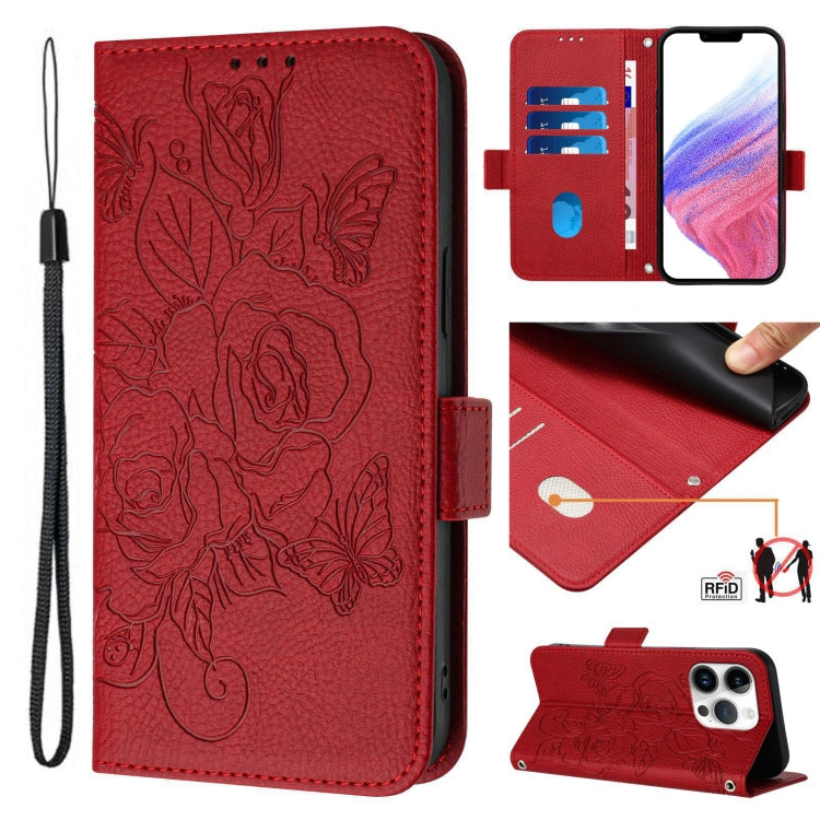 Embossed Rose RFID Anti-theft Leather Phone Case, For iPhone 16, For iPhone 15 Pro Max, For iPhone 15 Pro, For iPhone 15 Plus