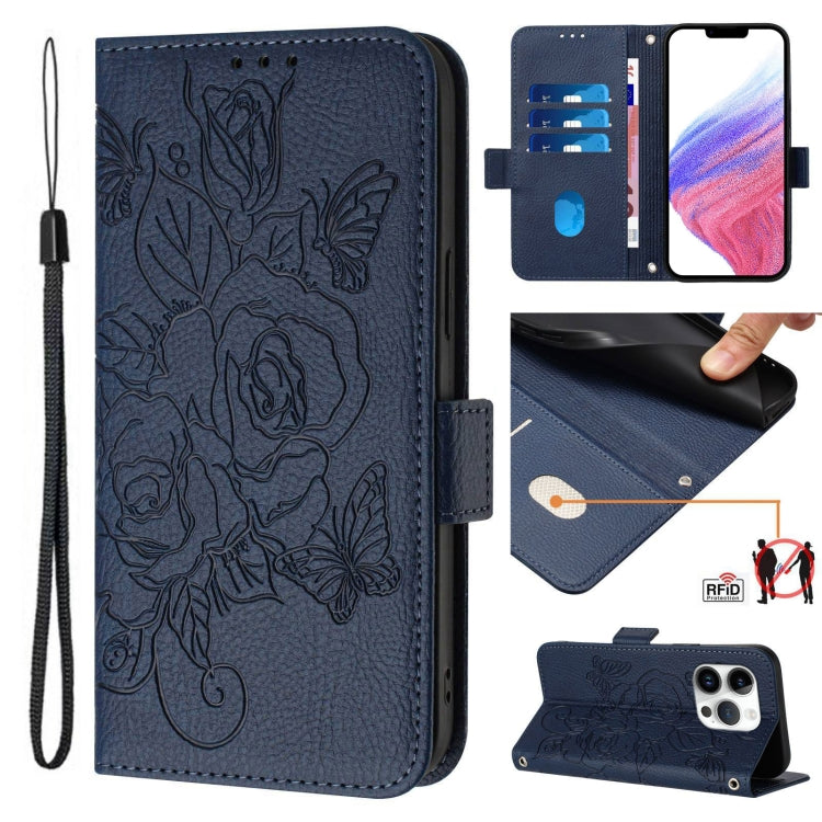Embossed Rose RFID Anti-theft Leather Phone Case, For iPhone SE 2024, For iPhone 16 Pro Max, For iPhone 16 Pro, For iPhone 16 Plus
