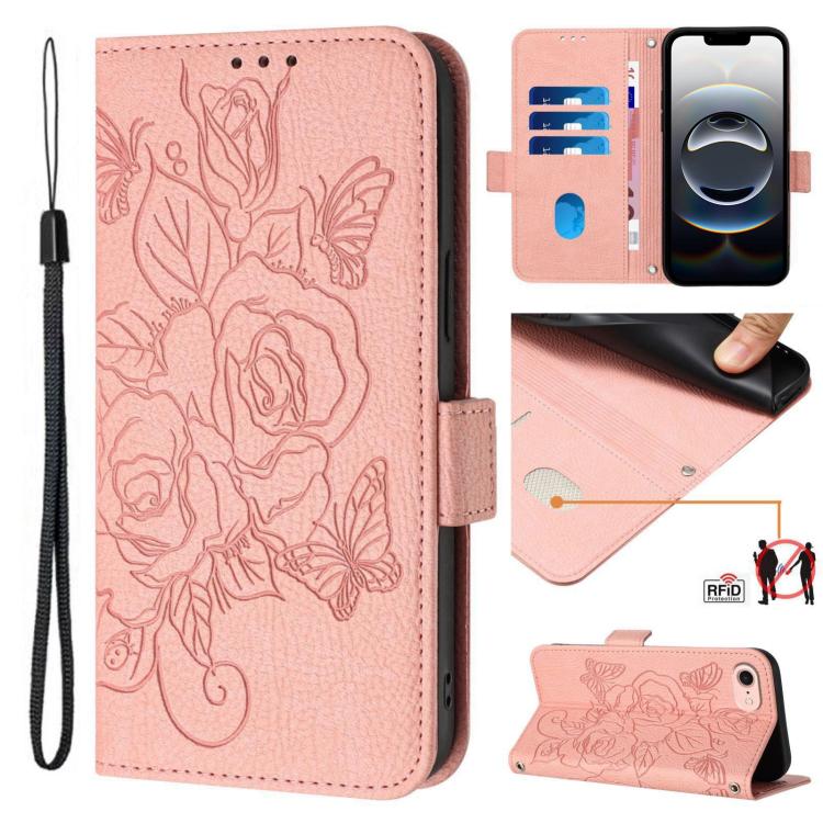 Embossed Rose RFID Anti-theft Leather Phone Case, For iPhone SE 2024, For iPhone 16 Pro Max, For iPhone 16 Pro, For iPhone 16 Plus