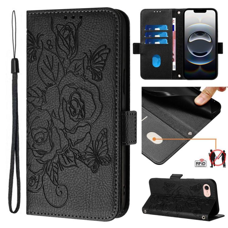 Embossed Rose RFID Anti-theft Leather Phone Case, For iPhone SE 2024, For iPhone 16 Pro Max, For iPhone 16 Pro, For iPhone 16 Plus