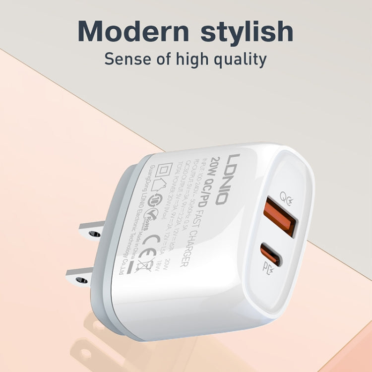LDNIO Q229 QC3.0 / PD20W USB + Type-C Fast Charger with 1m USB to 8 Pin Cable, EU Plug, UK Plug, US Plug