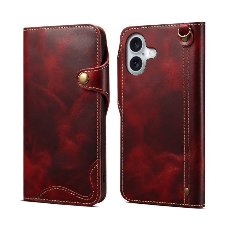 Denior B01 Oil Wax Cowhide Magnetic Button Genuine Leather Case, For iPhone 17e / 16e, For iPhone 16 Pro Max, For iPhone 16 Pro, For iPhone 16 Plus