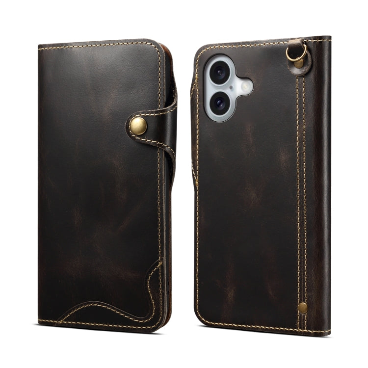 Denior B01 Oil Wax Cowhide Magnetic Button Genuine Leather Case, For iPhone 17e / 16e, For iPhone 16 Pro Max, For iPhone 16 Pro, For iPhone 16 Plus