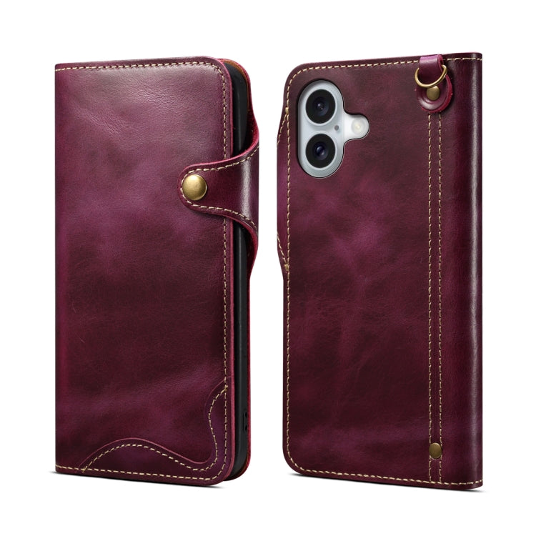 Denior B01 Oil Wax Cowhide Magnetic Button Genuine Leather Case, For iPhone 17e / 16e, For iPhone 16 Pro Max, For iPhone 16 Pro, For iPhone 16 Plus